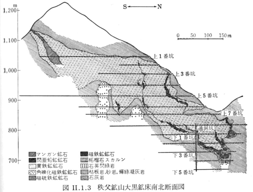 秩父鉱山大黒鉱床の地質断面図