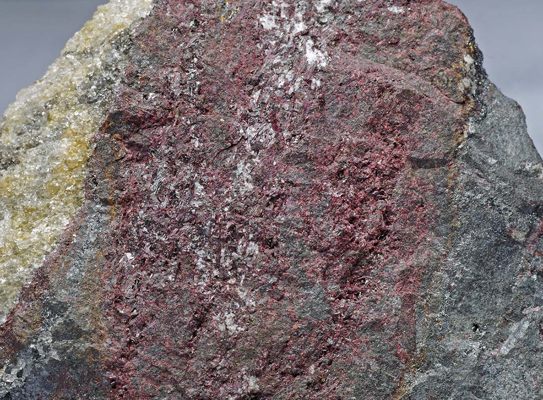 紅簾石(コウレンセキ、piemontite、ピーモンタイト) Loc. 長崎県戸根鉱山 マンガン鉱石のブラウン鉱を伴う